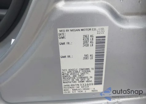 2023 Nissan Altima Sv Fwd z USA, uszkodzony, nr VIN 1N4BL4DV7PN331609